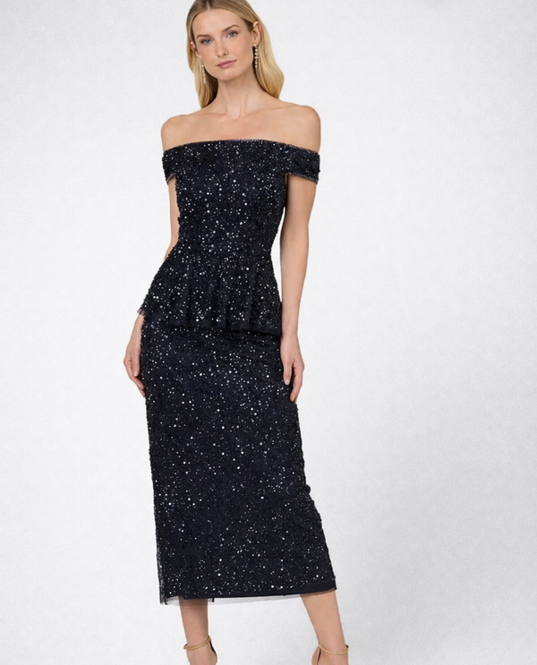 ADRIANNA PAPELL BEADED MESH PEPLUM DRESS | Off Shoulder Peplum Dress ADRIANNA PAPELL BEADED MESH PEPLUM DRESS | Off Shoulder Peplum Dress