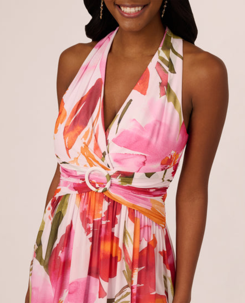 adrianna papell chiffon printed dress Multi Colored Asymmetrical Draped Floral Chiffon Gown