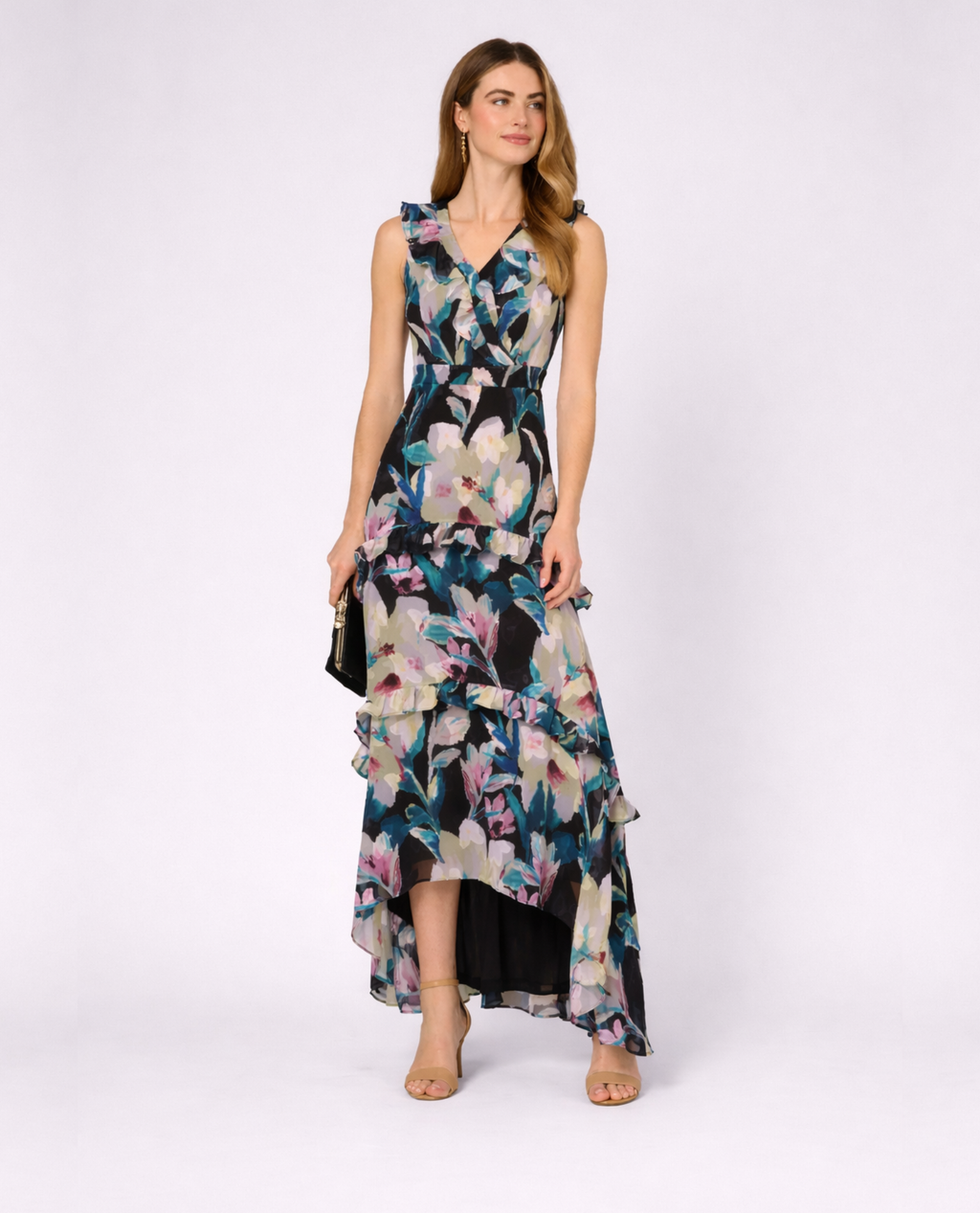 floral ruffle chiffon dress ADRIANNA PAPELL GOWN Belt Buckle Style:Brass Open Face Belt Buckle Simple Ballgown Wedding Dress Halterneck cowl neckline with splitvariant