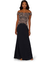 ADRIANNA PAPELL AP1E212563 OFF SHOULDER BEADED SEQUIN GOWN MIDNIGHT ROSE