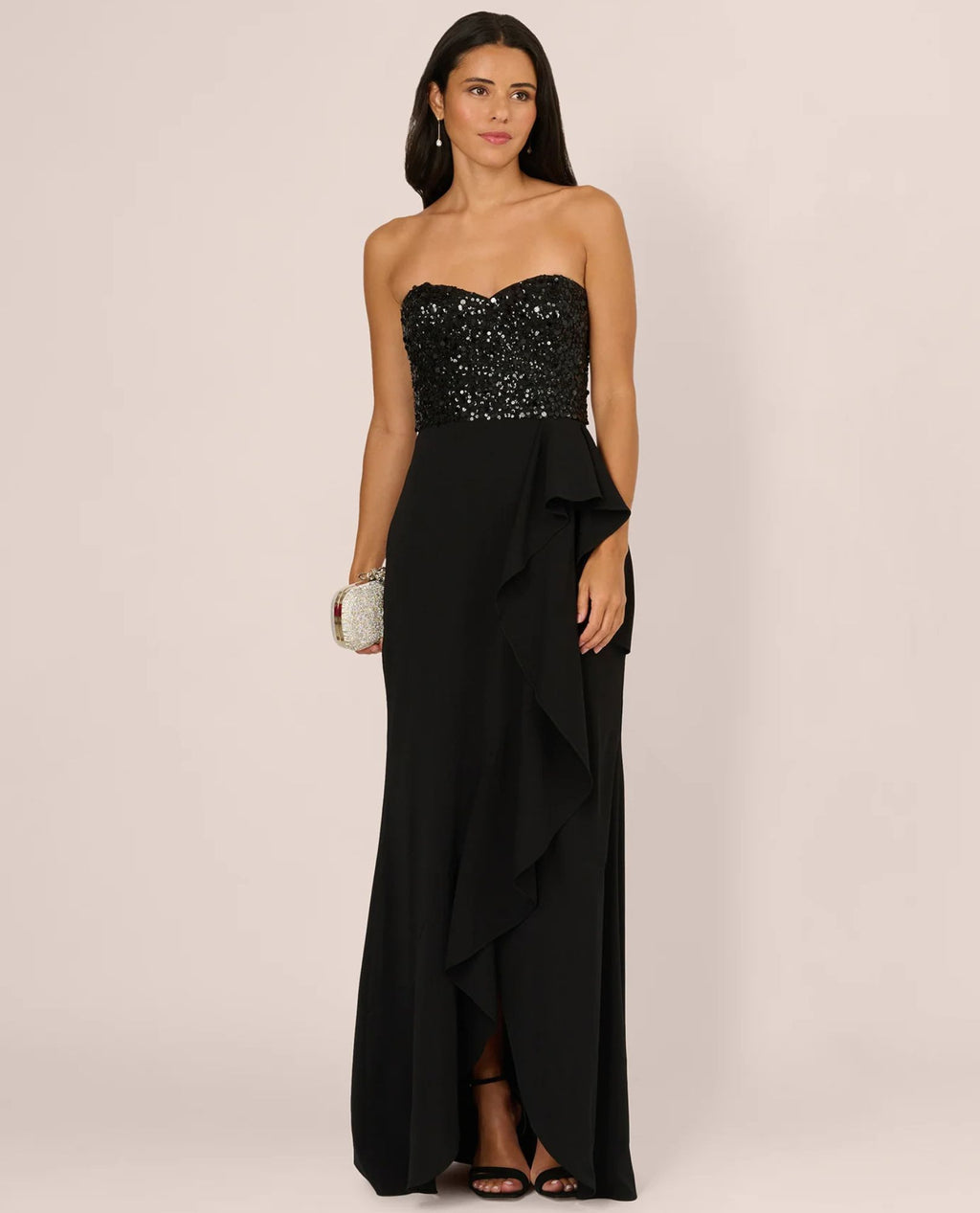 ADRIANNA PAPELL STRAPLESS BEADED MESH GOWN