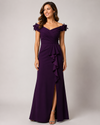 ALEX EVENINGS 8160626 OFF THE SHOULDER DRESS W/ 3D FLOWER PLUM