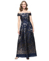 ALEX EVENINGS 8181353 OFF-THE-SHOULDER FOIL JACQUARD DRESS NAVY