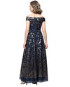 ALEX EVENINGS 8181353 OFF-THE-SHOULDER FOIL JACQUARD DRESS NAVY