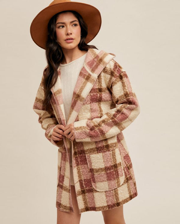 HEM & THREAD ANN-35876 STITCHED BOUCLE HOODED CARDIGAN MAUVE