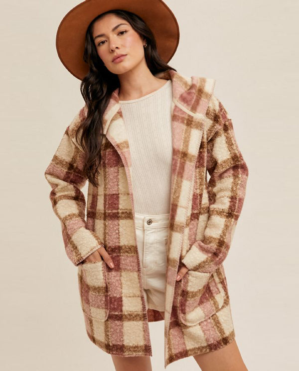 HEM & THREAD ANN-35876 STITCHED BOUCLE HOODED CARDIGAN MAUVE