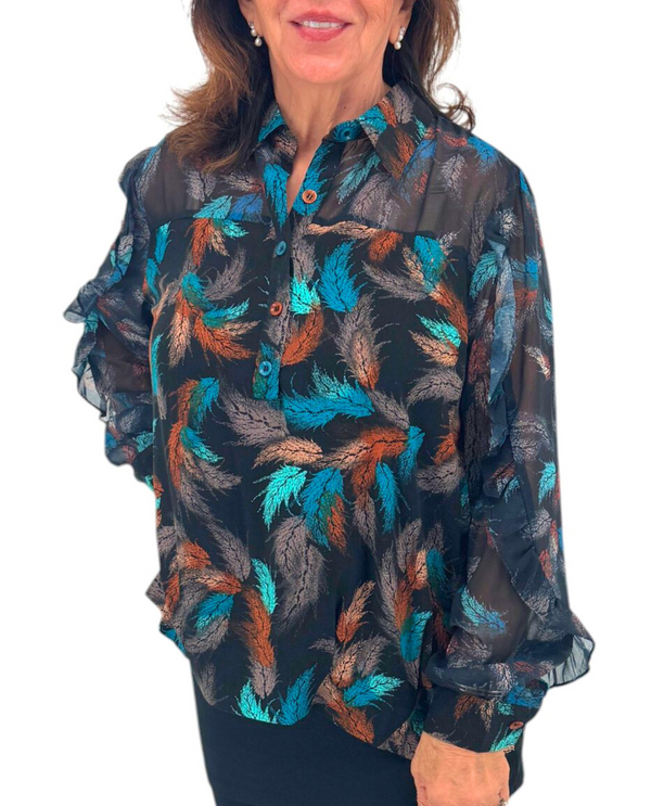 ANN-H24143C FEATHER PRINT BLOUSE BLACK