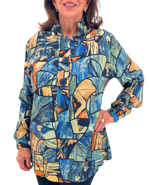 ANN-HM269 PRINT WIRE COLLAR BUTTON DETAIL TOP