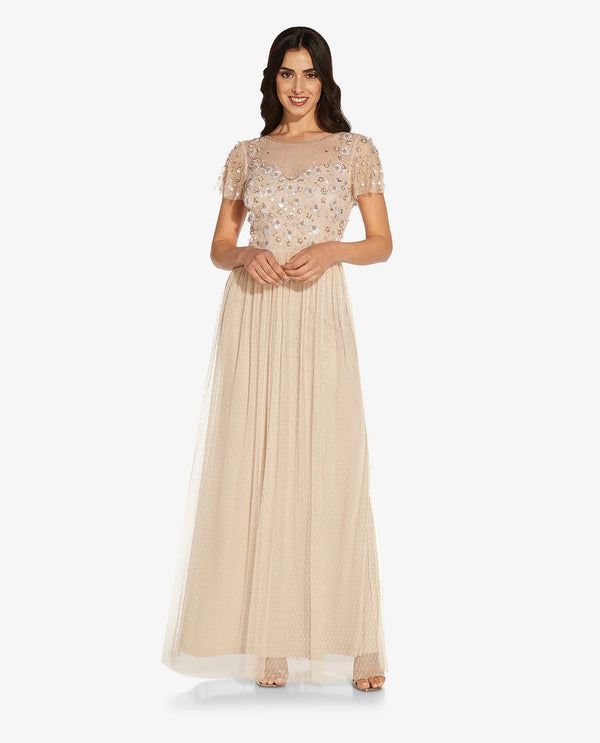 ADRIANNA PAPEL AP1E209769 3D BEADED POINT GOWN BISCOTTI