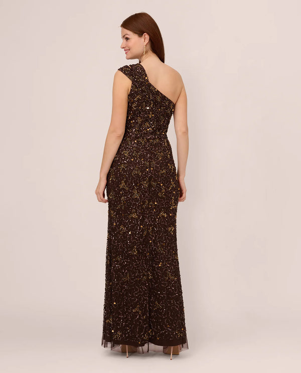 ADRIANNA PAPELL AP1E210627 BEADED OFF SHOULDER GOWN CHOCOLATE