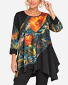 ASYMETRIC FEATHER/FLOWER PRINT JERSEY TUNIC