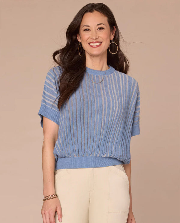 DEMOCRACY B6940NOSW DOLMAN SHORT SLEEVE 2 TONE SWEATER HORIZON BLUE