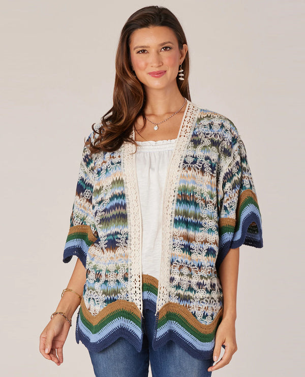 DEMOCRACY B71896G1E PRINT KIMONO CROCHET BORDER NAVY MOCHA MULTI