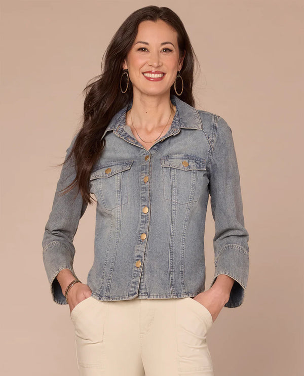 DEMOCRACY B74269UUL 3/4 SLEEVE BUTTON DOWN DENIM SHIRT LIGHT BLUE