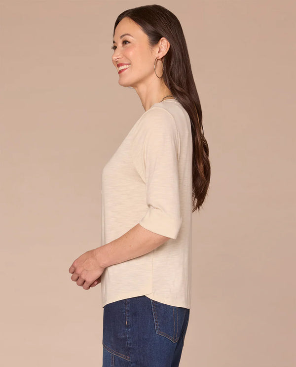 DEMOCRACY B7826LU5E ELBOW CUFF CROCHET HENLEY TOP STONE