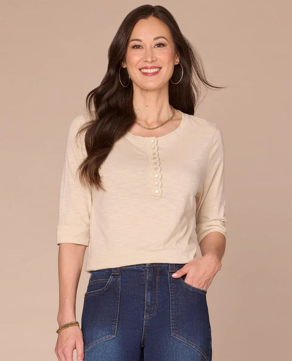 DEMOCRACY B7826LU5E ELBOW CUFF CROCHET HENLEY TOP STONE