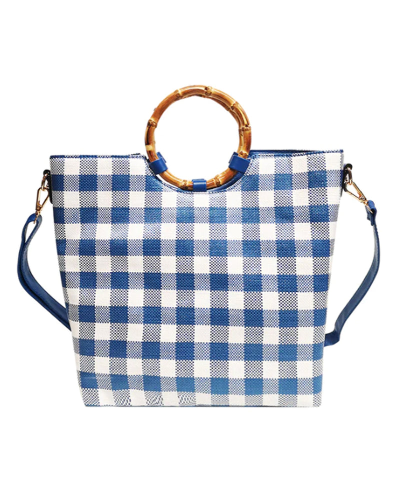 BAMBOO RING HANDLE TOTE 21568 BLUE & WHITE