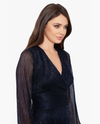 BETSY & ADAM A24903 METALLIC L/S V-NECK WRAP GOWN navy blue