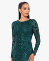 BETSY & ADAM A26776 LONG SLEEVE SEQUIN GOWN EMERALD