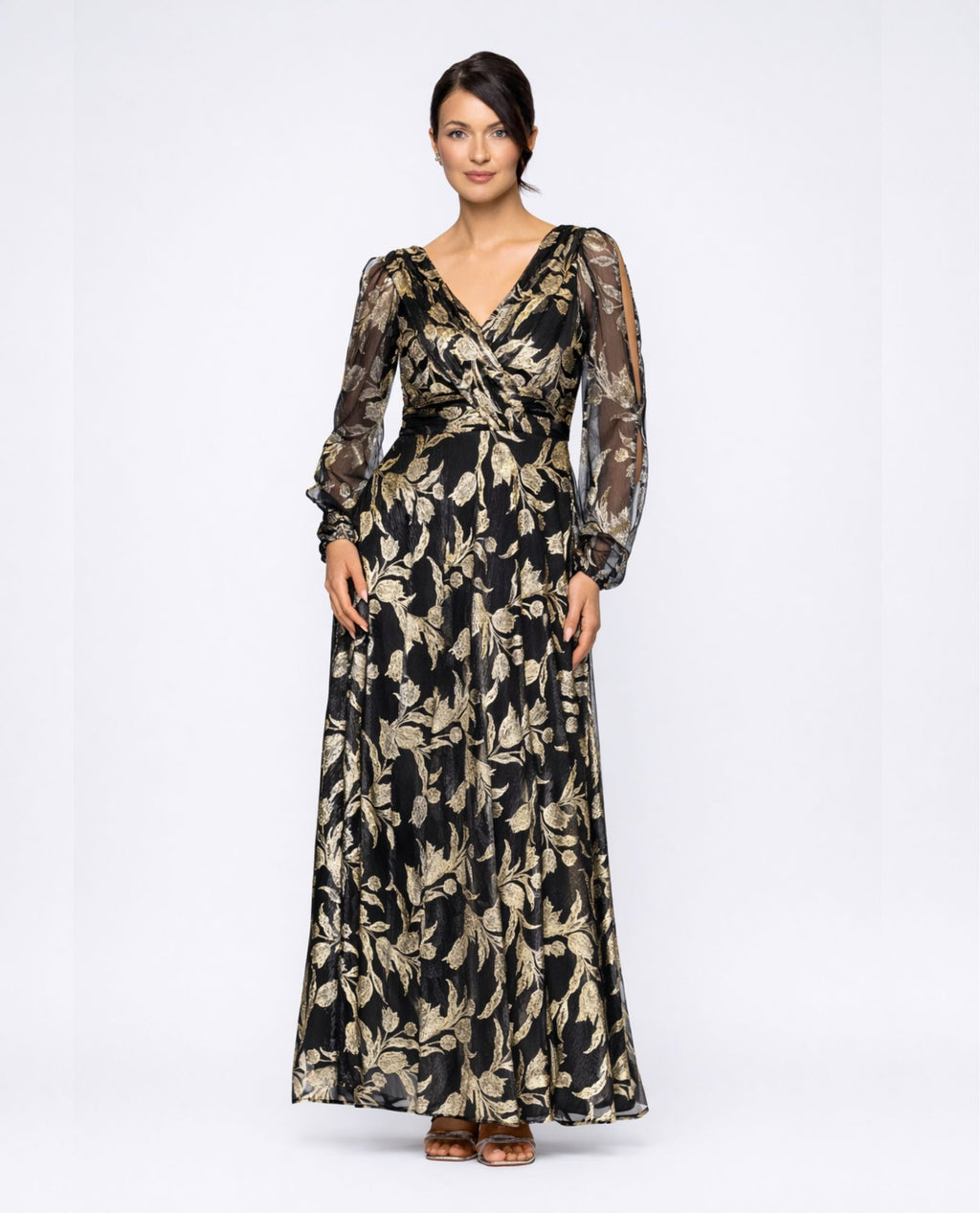 BETSY & ADAM A27408 METALLIC FLORAL LONG SLEEVE GOWN