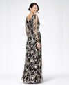 BETSY & ADAM A27408 METALLIC FLORAL LONG SLEEVE GOWN NAVY GOLD BACK