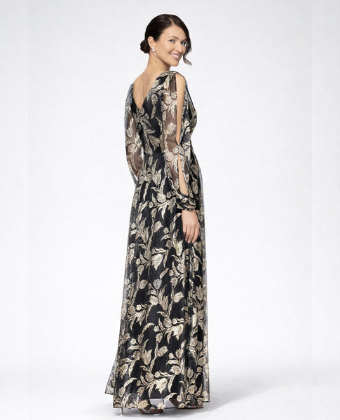 betsy adam dresses & A27408 METALLIC FLORAL LONG SLEEVE GOWN Boho Bliss Paisley Dress women's plus size Satin dress this dress is fully Color:SD069-Green