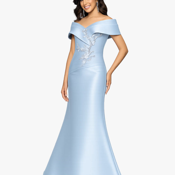 BETSY ADAM MIKADO OFF SHOULDER GOWN