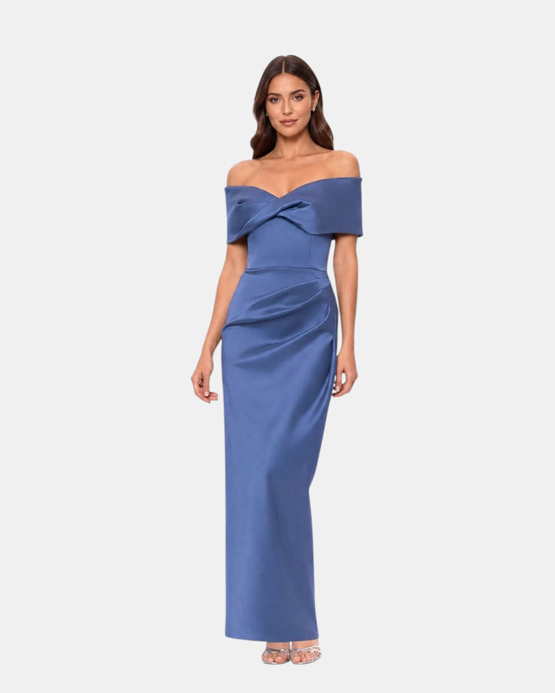 BETSY & ADAM A27883 OFF SHOULDER MIKADO GOWN