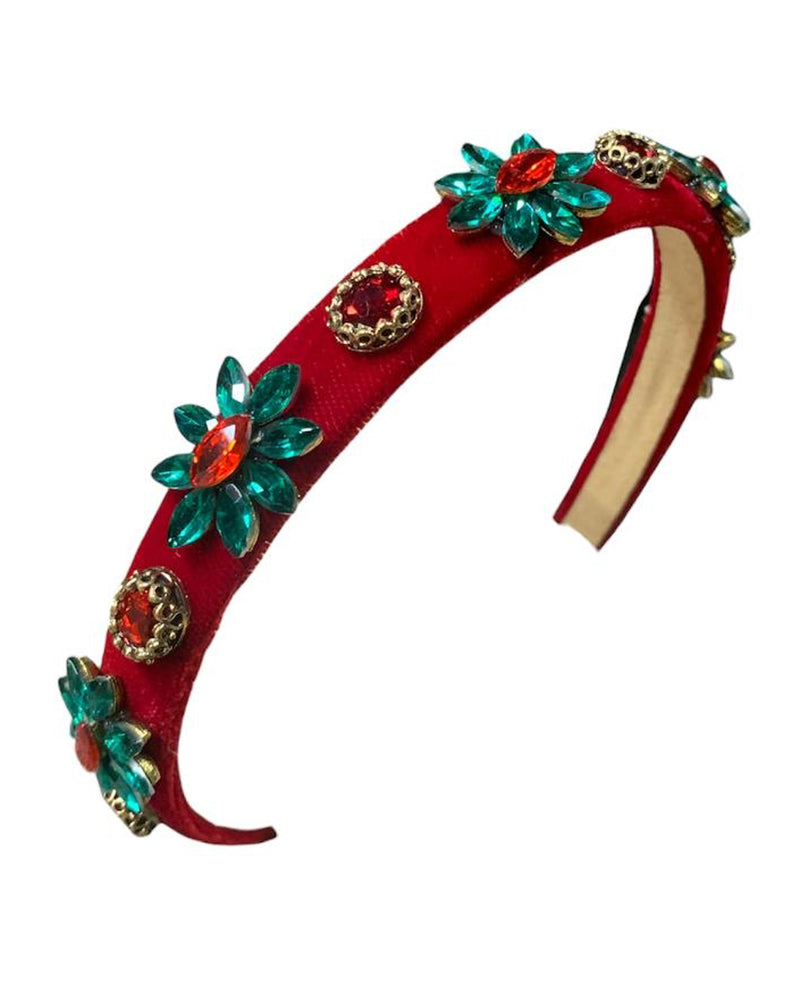 BL10783 CRYSTAL FLOWER & GOLD HEADBAND RED