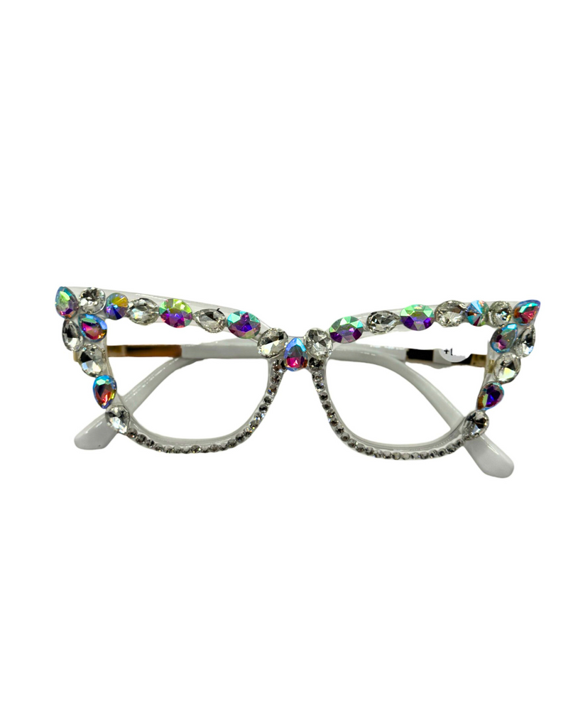 BLING LARGE CATEYE READERS WHITE