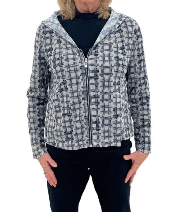 BY JJ TH-ME406P HOODED MESH ZIPPER JACKET GREY CHECKER