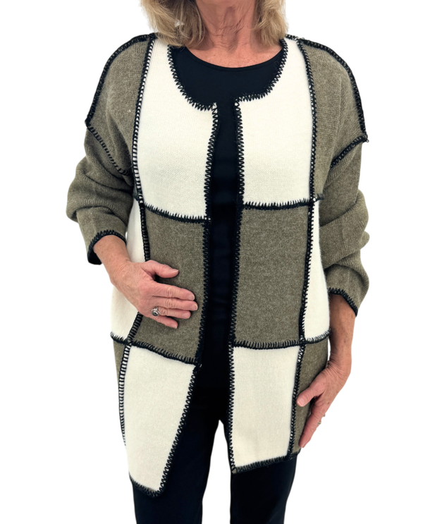 BY JJ TH-SK108 PATCH KNIT JACKET OLIVE IVORY