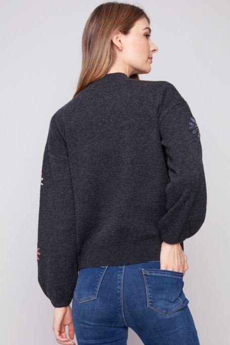 CHARLIE B C2689E MOCK NCK SWEATER WITH FLOWERS BACK