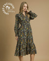 C5497 BOTANICAL PRINT V-NECK MIDI DRESS BLACK MIX