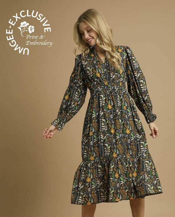 C5497 BOTANICAL PRINT V-NECK MIDI DRESS BLACK MIX