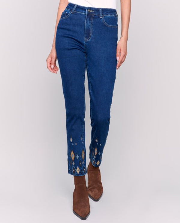 CHARLIE B C5579 BEADED BOTTOM PANT INDIGO