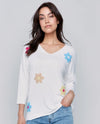 CHARLIE B C1264 3-D FLOWER KNIT V-NECK white