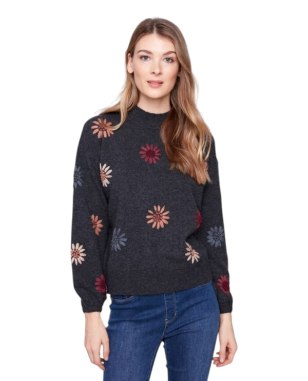 CHARLIE B C2689E MOCK NCK SWEATER WITH FLOWERS