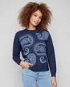 CHARLIE B C2845 PAISLEY EMBROIDERED CREW SWEATER DENIM FRONT