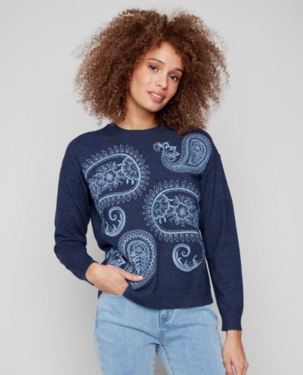 CHARLIE B C2845 PAISLEY EMBROIDERED CREW SWEATER DENIM FRONT