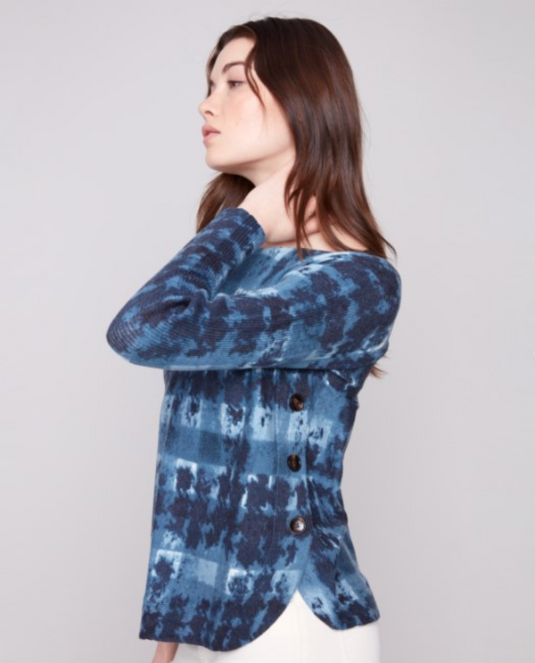 CHARLIE B C2871 PRINTED BOAT NECK SWEATER SHADOW SIDE