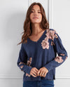 CHARLIE B C2907P DROP SHOULDER REVERSIBLE PRINTED SWEATER blue