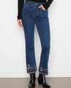 CHARLIE B C5789 FLARE DENIM PANTS WITH SLITS AND EMBROIDERY AT HEM indigo