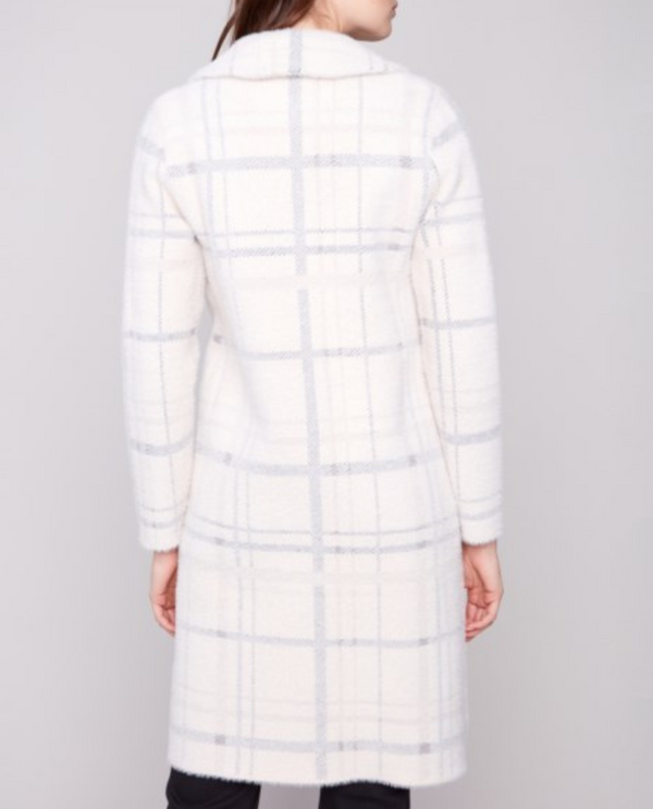 CHARLIE B C6326 PLAID KNIT COATIGAN IVORY BACK