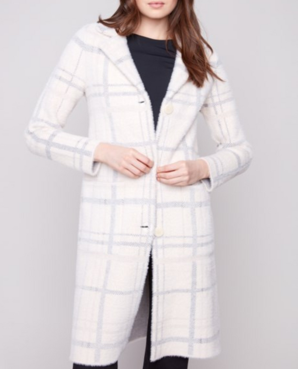 CHARLIE B C6326 PLAID KNIT COATIGAN IVORY FRONT