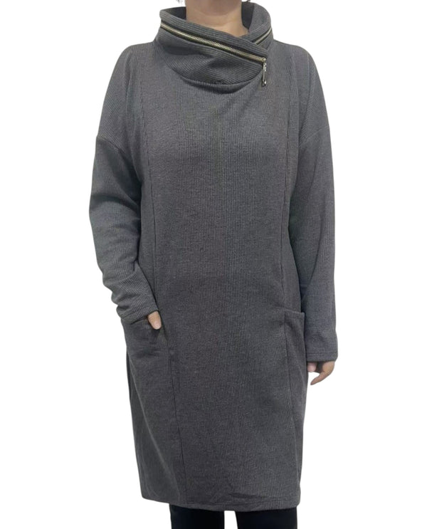 CREATION AM593 L/S ZIP NECK RIBBED DRESS