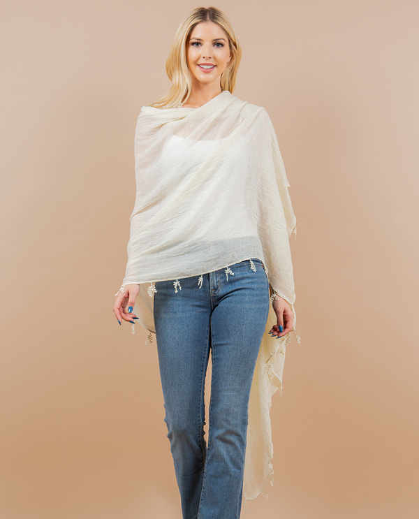 CRINKLE SCARF WITH LACE OA-4293 IVORY