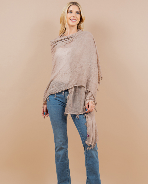 CRINKLE SCARF WITH LACE OA-4293 TAN
