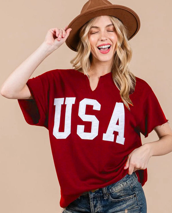 TU13527SB FRENCH TERRY EMBROIDERED USA TOP BURGUNDY