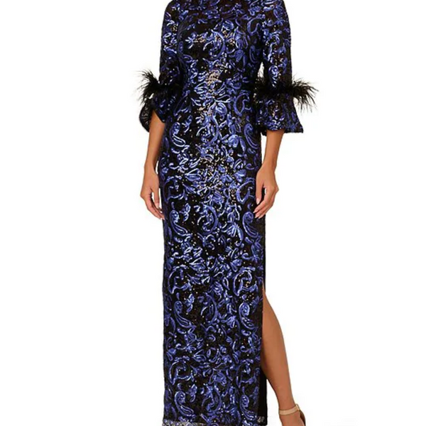 ADRIANNA PAPELL AP1E211563 BLACK/ BLUE SEQUIN LONGSLEEVE GOWN ADRIANNA PAPELL AP1E211563 BLACK/ BLUE SEQUIN LONGSLEEVE GOWN